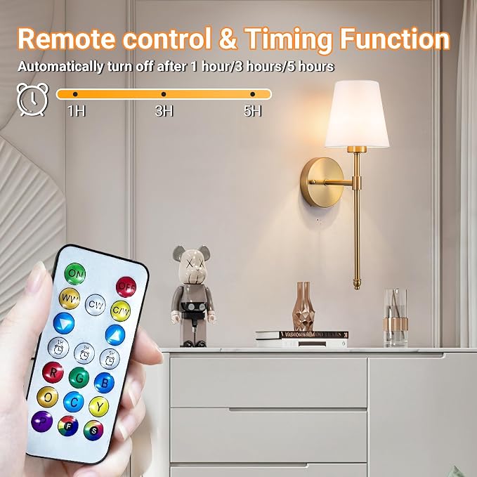 Nekhung Battery Operated Wall Sconce, Peel and Stick Sconces Set of 2 | Wireless Adhesive Stick On Wall Sconce, 10000mAh Rechargeable RGB Bulb with Remote, No Drill Wall Light for Bedroom Decor - Image 7