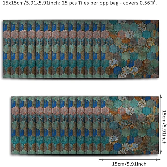 Alwayspon 25 Pcs Brushed Silver Self-Adhesive Hexagon Tile Transfer, Peel and Stick Water-Proof Backsplash Wall Tile Sticker for Kitchen Bathroom Decor, Blue Rust, 6x6inch - Image 5