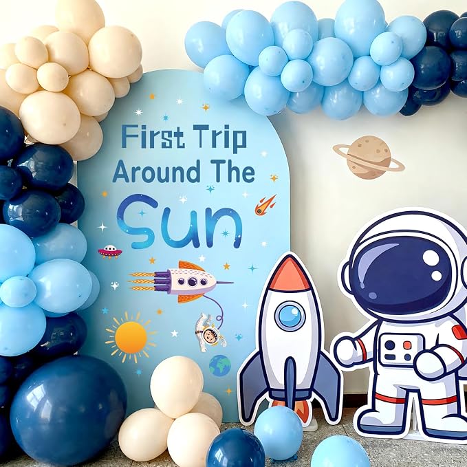 LHIUEM First Trip Around The Sun Birthday Stickers Astronaut Rocket Outer Space Murals for Baby Boy Shower 1ST Trip Around The Sun Decals Blue Planets Theme Birthday Wall Decor for Party Arch Backdrop by LHIUEM