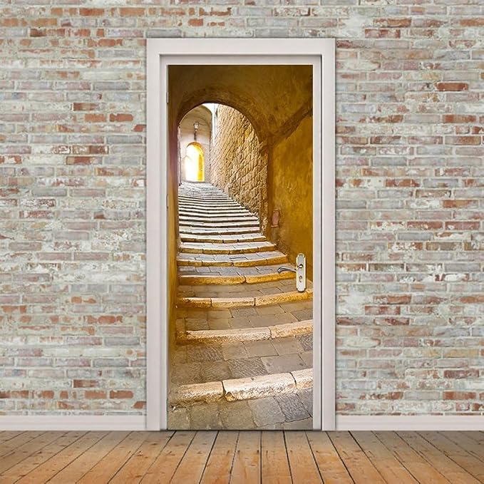 Door Stickers Peel and Stick Murals-Wall Cover Decorative DecalnStone Step | 30.3"W x 78.7"H, 3D Stone Steps Wallpaper，Waterproof Removable Opaque Vinyl Self Adhesive Fake Door Decor for Home Office by ChezMax