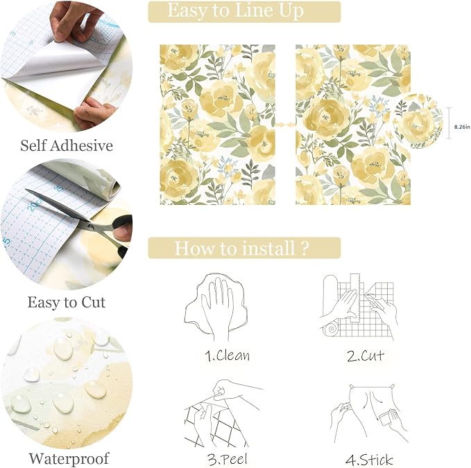 Orainege Peel and Stick Wallpaper Floral Wallpaper for Bedroom Yellow | 16.9inx118.1in Self Adhesive Wallpaper Contact Paper Decorative Wall Paper for Living Room Bathroom Decor Vinyl Removable - Image 5