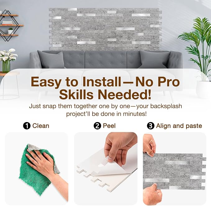 Peel and Stick Backsplash Tile Waterproof Removable PVC Wall Sticker 3D Faux Stone Marble Brick White Accent Panels (Matte Gray Stone - Metal Silver, 40 Tiles - 18 sq. ft. (1.68 m²)) - Image 5