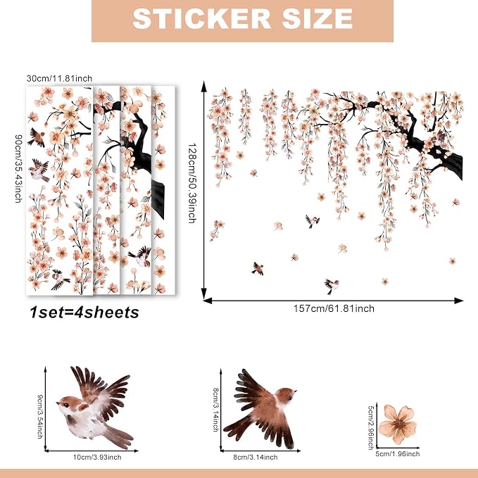 Large Light Pink Cherry Blossom Tree Wall Stickers | 4 Sheets Spring Flower Bird Wall Decals Peel and Stick Waterproof Wall Murals Decor for Living Room Bedroom (11.8*35.4inch) - Image 4