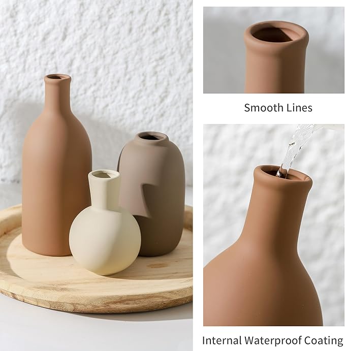 Ceramic Vases Set of 3, Modern Neutral Rustic Farmhouse Home Decor Pottery Pampas Decoration for Living Room, Table, Bathroom, Bedroom, Entryway - Brown - Image 4