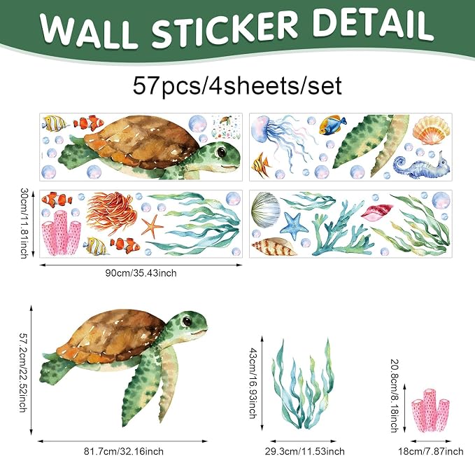 Large Summer Ocean Window Clings Decals, Watercolor Sea Turtle Jellyfish Bubbles Wall Stickers, Peel and Stick Ocean Anmial Wall Decor for Bedroom Bathroom Window School Nursery Decoration - Image 2