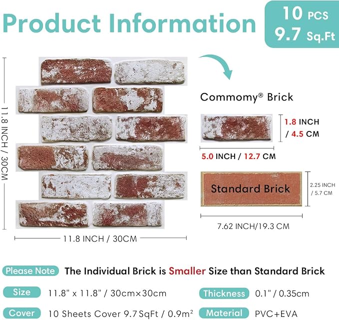 Commomy Faux Brick Peel and Stick Thin PVC 10 Pcs 11.8" x 11.8",Red | Small Size Thin PVC Quick Wall Covering Home Decor for Kitchen,Fireplace,Home Office (Covers 9.7 sq.ft) - Image 5