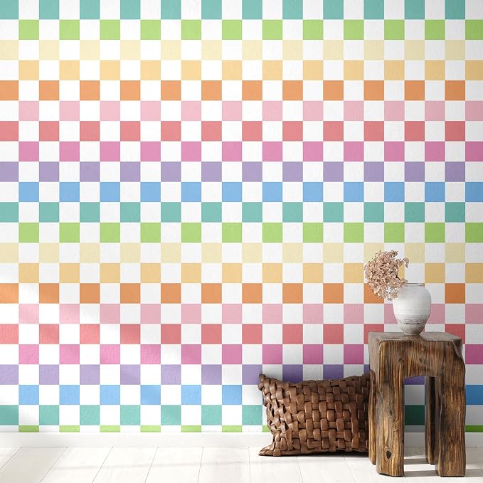 Drydiet Checkered Peel Stick Contact Paper Rainbow Color 15.75'' X 118" | Waterproof Self-adhesive Tile for Bathroom, Cabinet Walls, Vintage Gingham Funky Decor, Removable Peel off Wallpaper by Drydiet