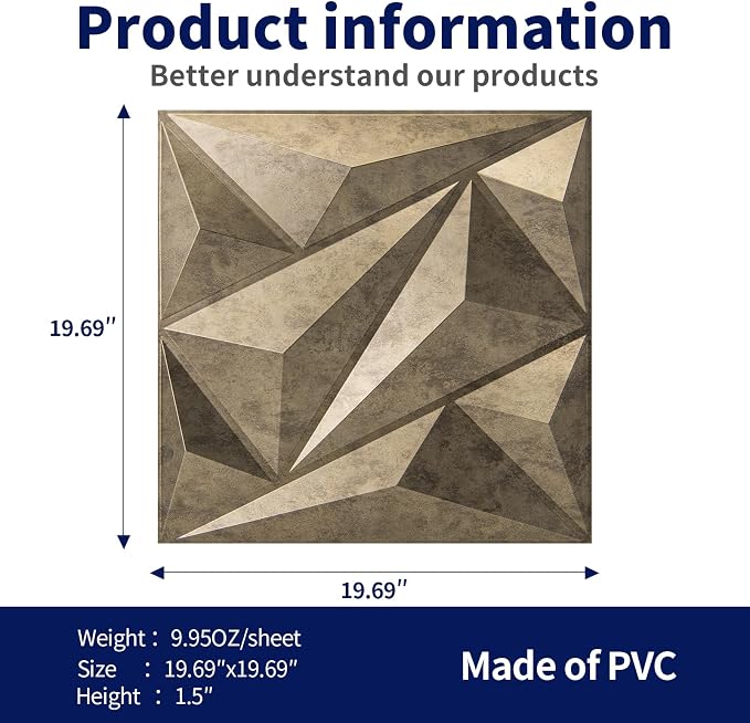 Art3dwallpanels 3D Wall Panels Diamond, PVC Antique Gold | 3D Raised Diamond Wall Tiles, Waterproof Fireproof, 12 Sheets Large Size Pack, Easy DIY Install for Bedroom Living Room Wall - Image 2