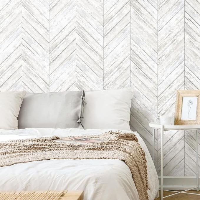 RoomMates White Herringbone Wood Boards Peel and Stick Wallpaper, 20.5 in x 16.5 ft, Vinyl, White/Tan, Removable, No Sticky Residue, For Renters and Homeowners - Image 3