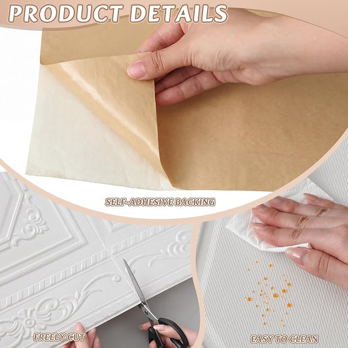 Nuanchu 10 Pcs 35 x 28 Inch Ceiling Tiles Peel and Stick, Vintage | Foam White 3D Wall Panels 26-105.5 Sq. ft Adhesive Glue up Waterproof Wallpaper for DIY Office Home - Image 3
