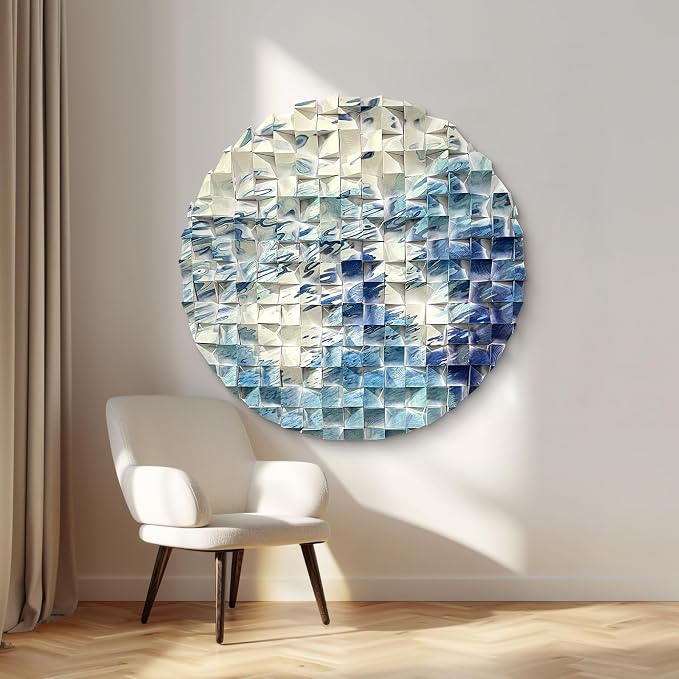 LIUZEYUE Abstract Flow Round Wood Wall Art, White and Blue, 31.5" | River Line Pattern, Modern Circular Wooden Decor, For Living Room Office - Image 5