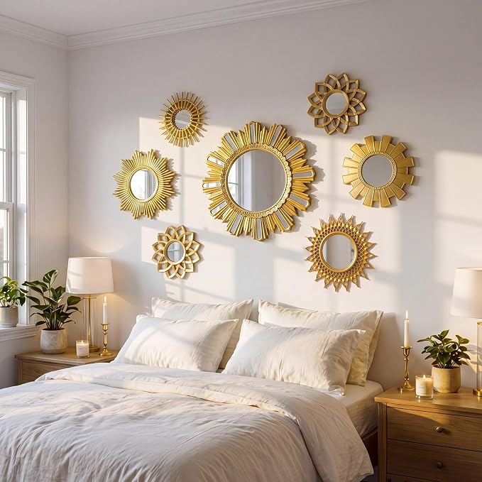 Gerrii 7 Pcs Gold Sunburst Mirror for Wall Decorative Gold Mirrors for Wall Decor Vintage Mirror Sets Hanging Round Decorative Mirrors Accessories for Art Entryway Living Room Home Decor Art Gifts - Image 5