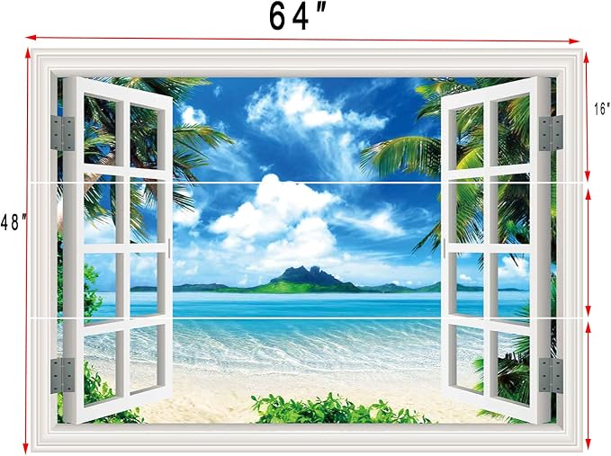 ‌Lmyhome Fake Window Wall Mural Blue Sky Ocean Beach (64"x48") | Peel and Stick Faux Window Wall Sticker Decal Poster for Bedroom Home Decor - Image 5