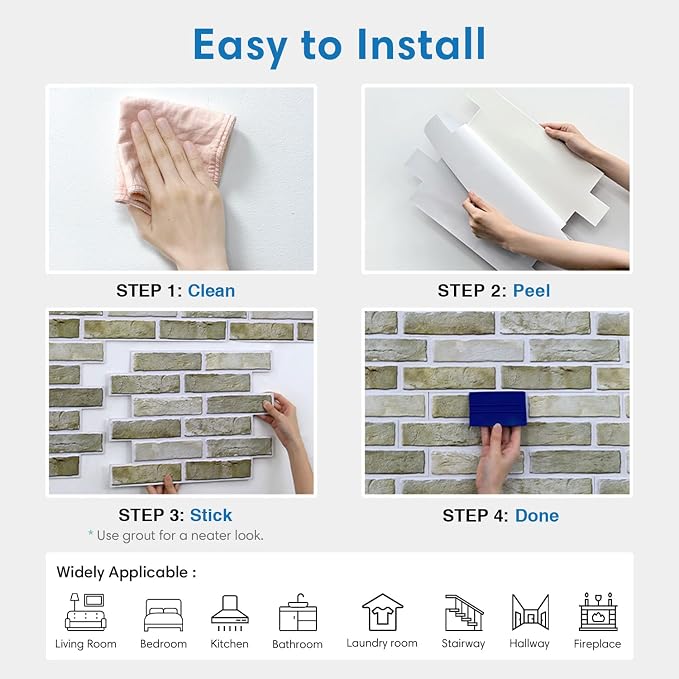 COMSTICKC 3D Faux Brick Wall Panels Peel and Stick Decorative Tiles Sticker | 10 Pcs 15.7" x 11.8", Green-Gray, Not Real Brick, Thin PVC Fake Brick Backsplsh Wall Covering for DIY, Cover 12.9 sq ft - Image 7