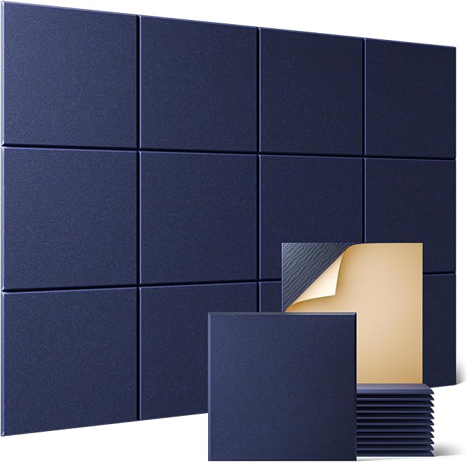 Sonicism 12 Pack Acoustic Wall Panels with Self-Adhesive, 12" X 12" X 0.4" Sound Proof Foam Panels, Decorative Soundproof Wall Panels, Sound Proof Absorbing Tiles for Home & Offices, Dark Blue by Sonicism
