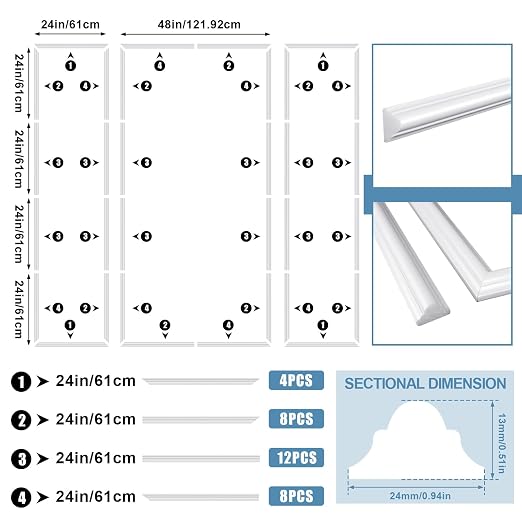 Pangda 3set Peel and Stick Wall Molding Kit 3D Premade, 24x96in+48x96in | Accent Wall Moulding Kit, Wainscoting Panel, for Interior Decor, Ready to Assemble, Peel and Stick, Wainscoting Accent Panel - Image 4