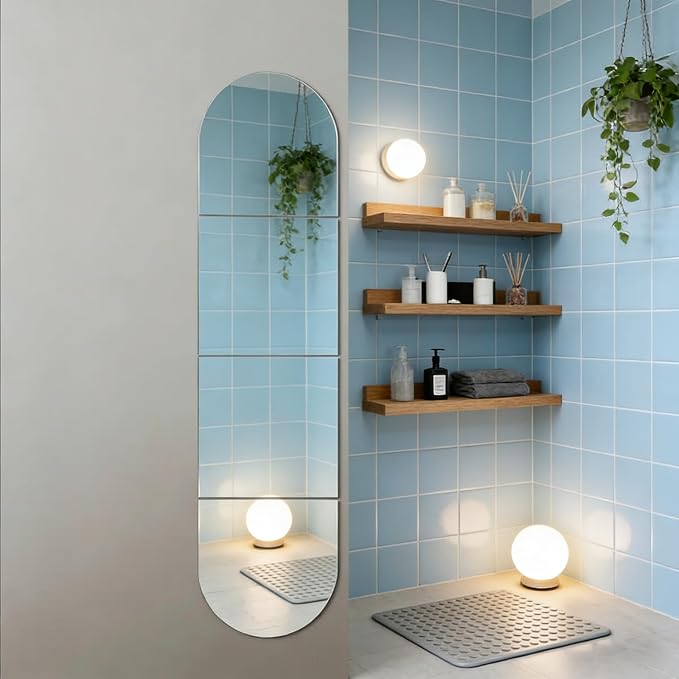 4-piece set of acrylic wall mounted mirrors, 8x8 inch self-adhesive frameless square combined with curved makeup lenses, flexible plastic lenses for bedrooms, home use, gym doors (4pcs - 8‘’×8‘’) - Image 4