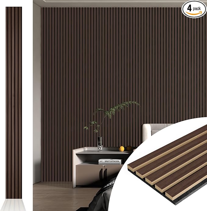 Art3d 4pcs-107 x 8in Slat Acoustic Panel for Wall and Ceiling, 3D Fluted Sound Absorbing Panel with Wood Finish, Dark Walnut by Art3d