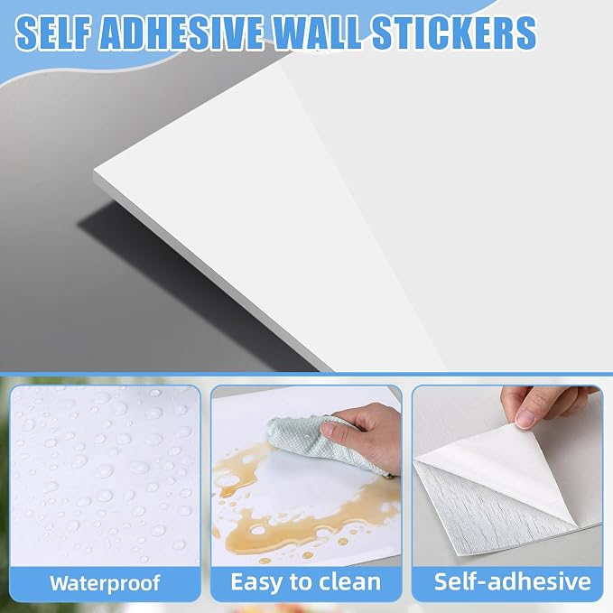 Nuanchu 36 Pcs Peel and Stick Shower Waterproof Tiles Wall Panels 12 x 12 Inch Self Adhesive Backsplash with Ruler Knife & 2 Scrapers for Washroom Bathroom Living Room, Not Real Tile (Pure White) - Image 3