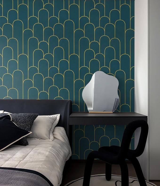Yasinet Peel and Stick Wallpaper Green and Gold Wallpaper Modern Dark Green Contact Paper Gold Geometric Removable Self Adhesive Wall Paper for Bedroom/Cabinet Waterproof Bathroom Vinyl 393.7" x 17.3" - Image 4