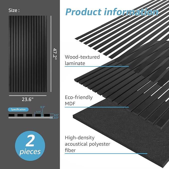 Art3d 2-Pack 3D Fluted Wood Sound Absorbing Slat Wall Panel, Matte Black | 47.2 x 23.6 Inch, Noise Control, Easy to DIY, Sustainable Material, Ideal for Homeowners, Designers, for Living Room, Office - Image 4