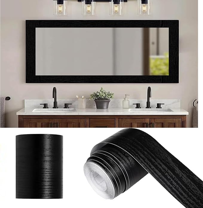 Alened 15M Black Mirror Border Peel and Stick, Wood Grain Wallpaper Border by Alened