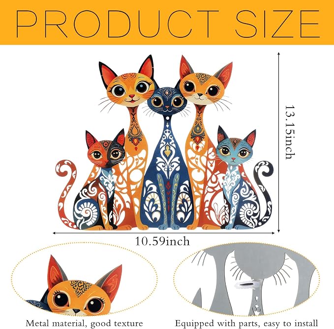 Wesiti Metal Cat Wall Decor Art Sculpture, 10.6 X 13.15 Inches Colorful | Retro Mid Century Design for Cat Lovers, Iron Wall Art for Living Room Bedroom Kitchen Office, Stylish Home Decor - Image 2