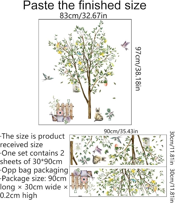 Lemon Tree Wall Decal, Large Decorative Green Tree with Birds Wall Stickers, Removable Peel and Stick Mural Wall Art Decoration for Living Room, Bedroom, Office Wall Decor (Lemon Tree-B) - Image 2