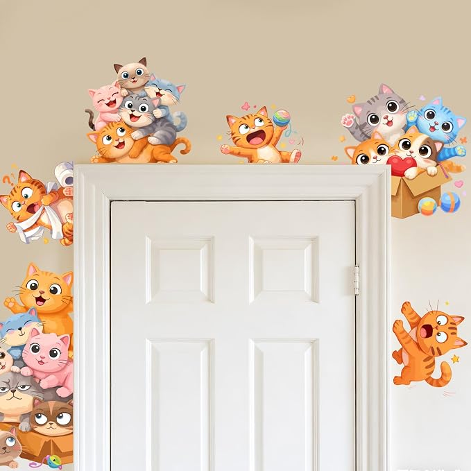 PLIGREAT 21 Pcs Cartoon Cat Wall Stickers, Cute Animal Wall Decals for Door Peel and Stick Vinyl Cats Switch Stickers for Nursery Bedroom Living Room Bathroom Home Door Corner Decor - Image 2