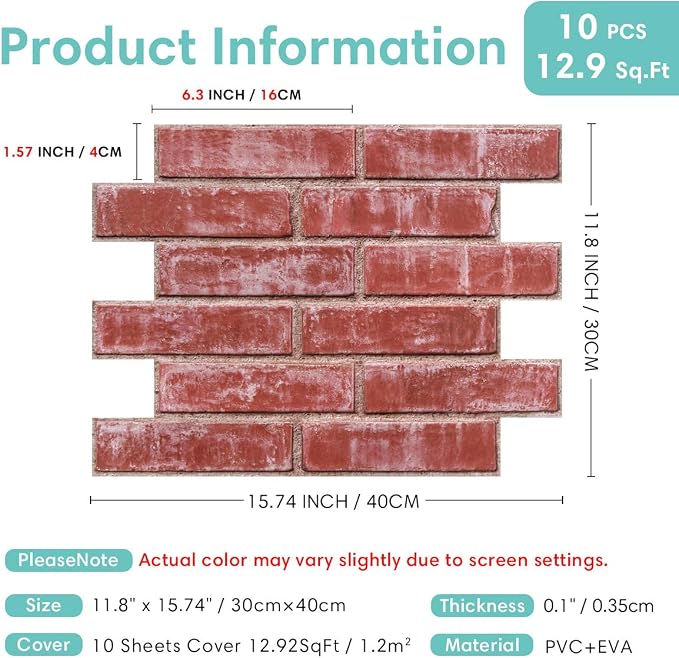 Commomy 3D Faux Brick Peel and Stick Wall Sticker - 10pcs 15.74" x 11.8" | Ultralight Thin PVC Fake Brick Wallpaper Tiles Wall Covering for Home Office,Living Room Quick DIY Home Decor(12.92 sq.ft) - Image 5