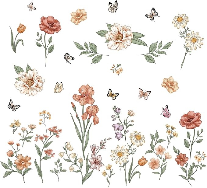 Watercolor Boho Flowers Wall Decals Wildflower Butterfly Garden Wall Stickers Removable Wall Art Decor for Living Room Bedroom by FUFUQUARE