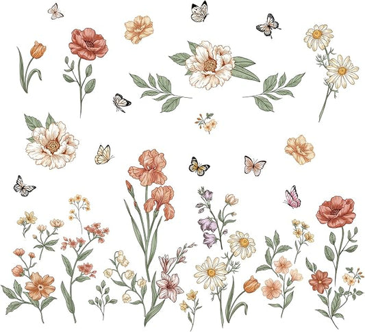 Watercolor Boho Flowers Wall Decals Wildflower Butterfly Garden Wall Stickers Removable Wall Art Decor for Living Room Bedroom by FUFUQUARE