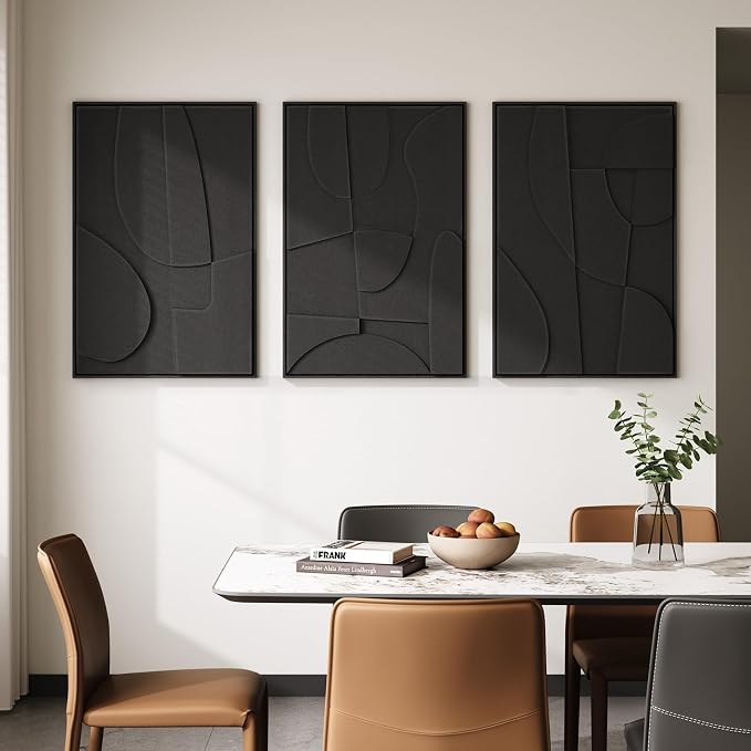 Large 3D Textured Modern Black Abstract Wall Art for Living Room, 3 Piece | Solid Wood Framed Artwork for Walls, Set of 3 All Black Texture Paintings, 24x36 In Big Pictures Wall Decor Bedroom Office - Image 4