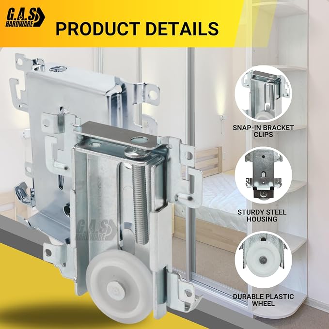 G.A.S. Hardware Steel-Framed Mirror Bottom Closet Door Roller Assembly Convex 1-7/16" Wheels | Roller Replacement for Closet Mirror Wardrobe Doors | Nylon Flat Roller Wheels (1 Pack) - Image 3