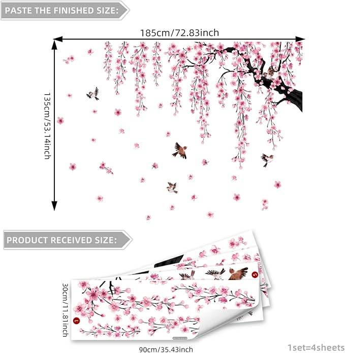 Lilac Wall Decoration 4 Sheets Large Cherry Blossom Tree Wall Stickers | Spring Pink Flower Bird Wall Decals Peel and Stick Wall Murals Decor for Living Room Bedroom (Pink, 11.8 * 35.4inch) - Image 2