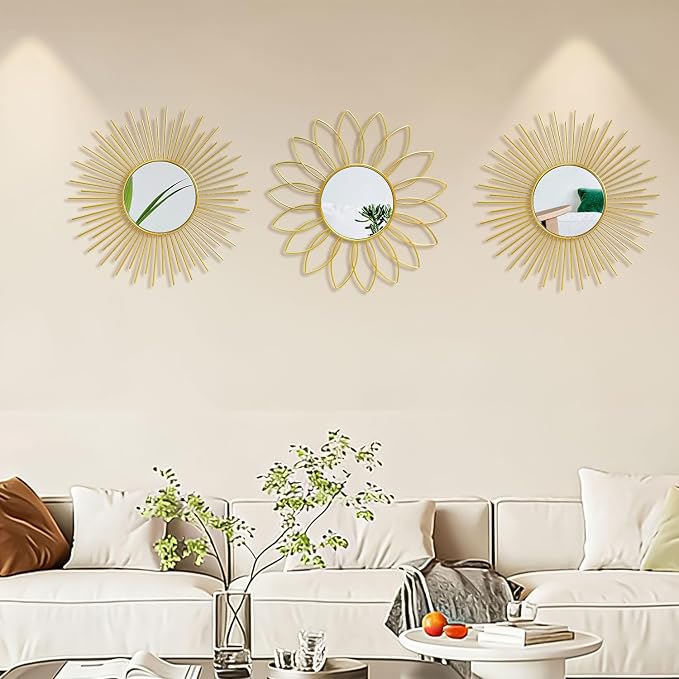 3 Pack Metal Mirrors for Wall Sunburst Wall Mirrors Home Décor Decorative Hanging Wall Art for Living Room Bedroom Entryway (Gold2, Flower+Sunburst) - Image 5