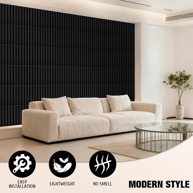 33 Pcs Black 3D PVC Wall Panels 12X12in, Interior Fluted Accent Wall Decor | Modern Decorative Wall Tiles, Textured Wall Panels for Bedroom, Bathroom, Living Room, Ceiling, TV Background - Image 5