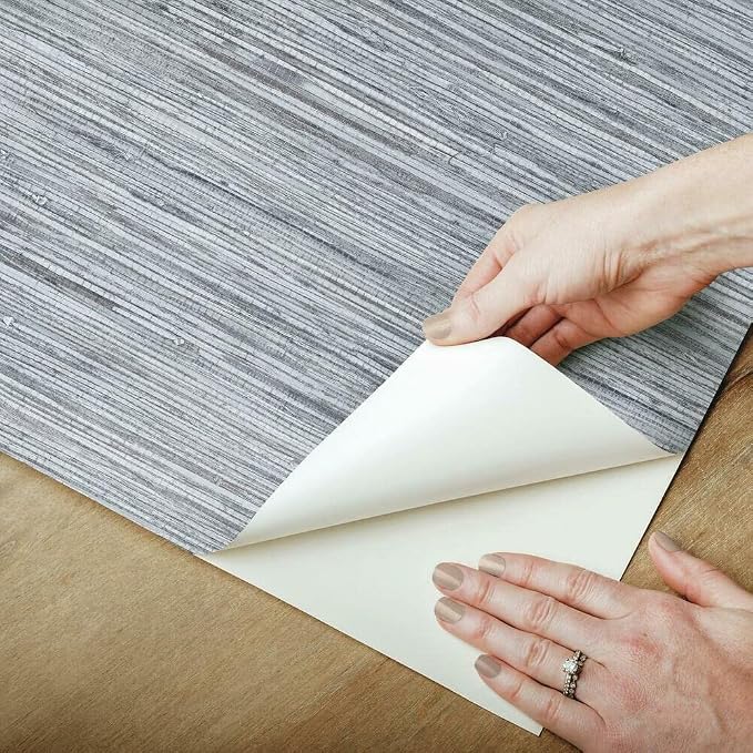 RoomMates Blue and Gray Faux Grasscloth Peel and Stick Wallpaper, Removable Self-Adhesive Wallpaper Roll, Textured Look - Image 2