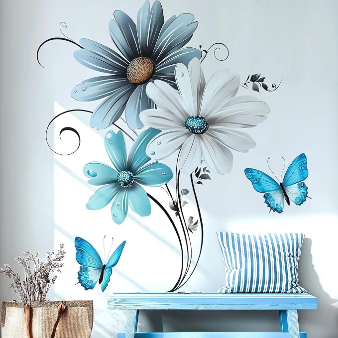 Rustic Floral Flower Blue White Daisy Butterfly Wall Decals Decor Stickers | Modern farmhouse peel and stick wall mural decoration, removable vinyl decor art for bedroom living room classroom office by VePret