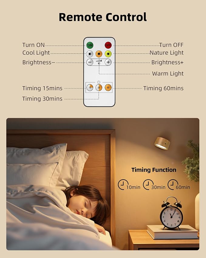 Rechargeable Wall Sconces with Remote, Magnetic Wall Lights, Wood 2 Pack | 3 Color Temperatures, Remote and Touch Control, 360° Rotating and Dimmable for Living Room & Bedroom - Image 3