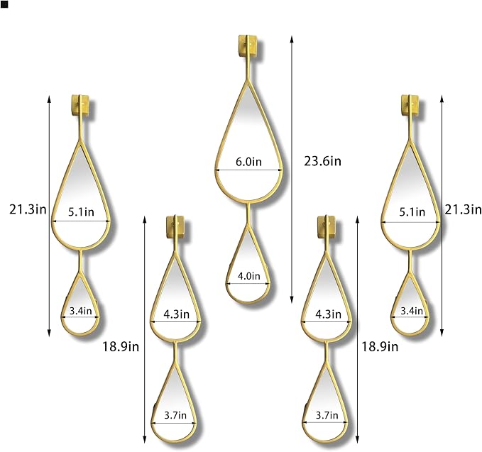 BAODANFU Wall Mirrors Decorative, Gold Tear Drop Shape Mirrors for Wall of Entryway, Living Room, Bedroom, Over Fireplace, Mantle Wall Decor Golden (Shiny Gold, 5 Pack) - Image 3