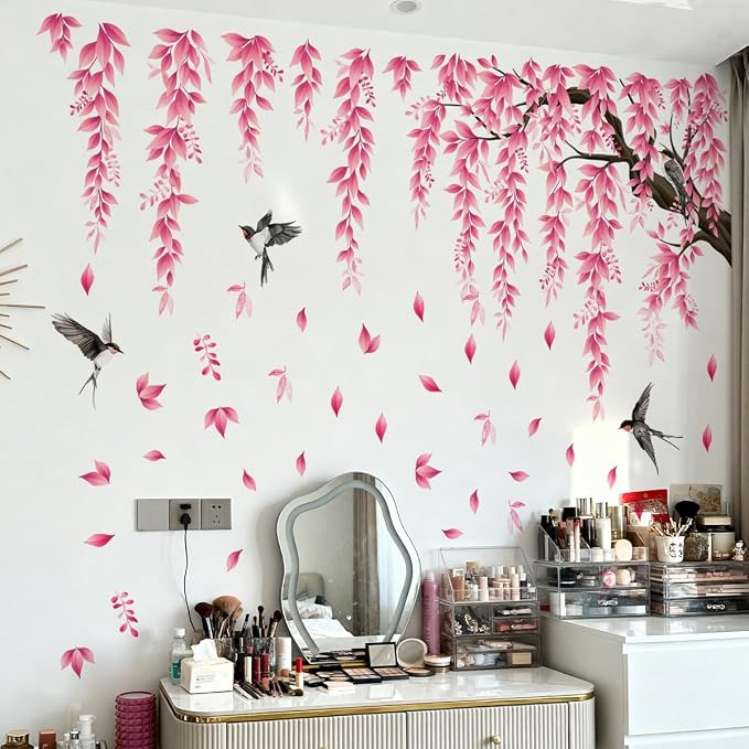 Pink Flower Tree Branch Wall Decals, Spring Pink Flower Bird Wall Stickers Peel and Stick Wall Murals for Living Room Bedroom Tv Background Wall Decor, 70.8x59 inches, 3 Sheets - Image 3