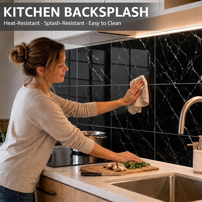 WADILE 20PC Waterproof Peel and Stick Wall Panels 11.8 x 11.8 Black | Marble look, Self adhesive, PVC Panels, Lightweight Foam Wall Panels, Bathroom, Kitchen, Not Real Tile - Image 7