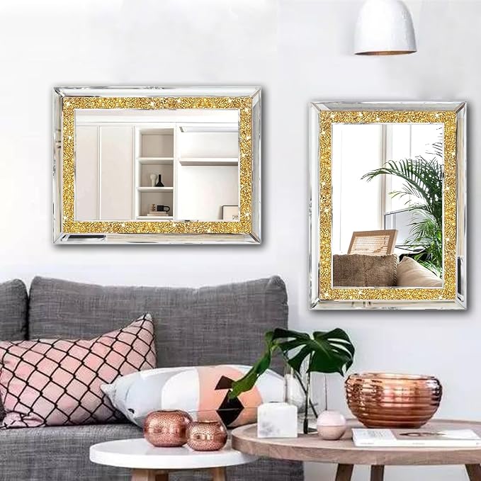 2 Piece Wall Mirrors, Crush Diamond Wall Decor, Gold Color Decorative Mirrors for Living Room, Bedroom, Bathroom. (11'x15') - Image 2