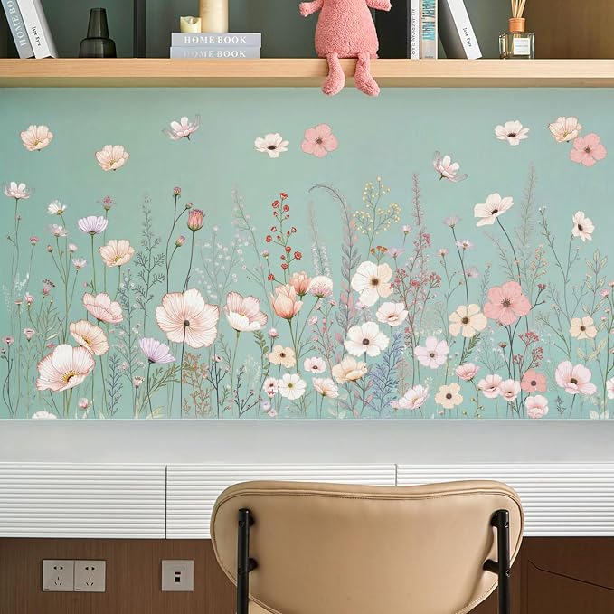 2 Pack Floral Baseboard Wall Stickers - Removable Peel & Stick Decals (3 Styles: Reeds, Flowers, Dandelions) - DIY Home Decor for Kids Girls Walls, Nursery, Classroom Wall Corner (Flower) - Image 5
