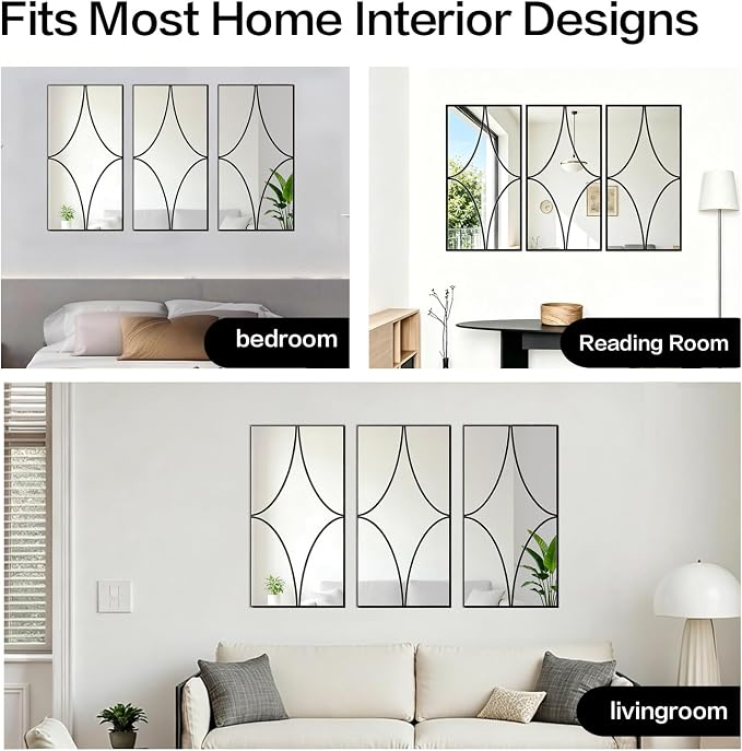 Set of 3 Large Rectangular Wall Mirror, Black Rust Resistant Metal Frame Decorative Mirror,Multi-Shape Layout Wall Mount Mirror for Living Room Bedroom Entryway,Dual Use Decor Grooming - Image 6