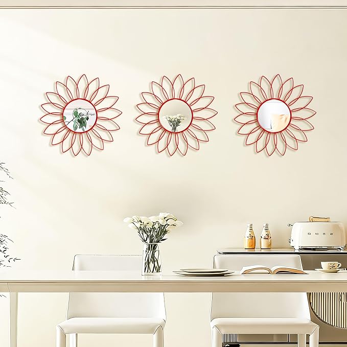3 Pack Metal Mirrors for Wall Sunburst Wall Mirrors Home Décor Decorative Hanging Wall Art for Living Room Bedroom Entryway (Red, Flowers) - Image 7
