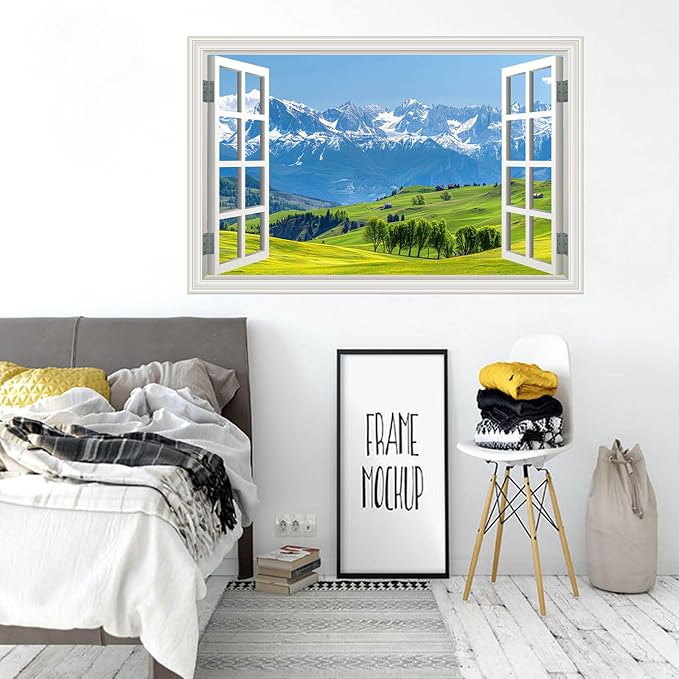 Fake Window Wall Decal- Mountain Forest Green Grassland Open Wall Sticker | Faux Window Natural Scenery Landscape Art Mural｜Stick and Peel Wall Decals｜Room Bedroom Office Scene Picture Decor｜24"x16 - Image 7
