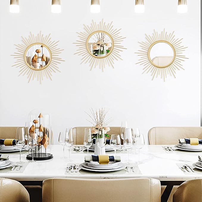 3 Pack Metal Mirrors for Wall Sunburst Wall Mirrors Home Décor Decorative Hanging Wall Art for Living Room Bedroom Entryway (Gold, Sunburst) - Image 3