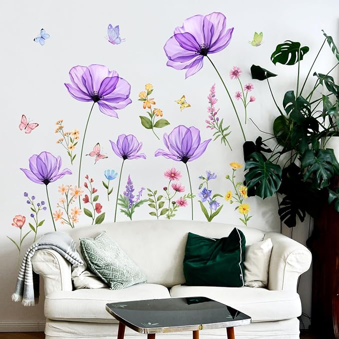 Purple Flower Wall Decals, Removable Wall Stickers & Murals for Living Room- 51.18inches x27.55inches - Image 4